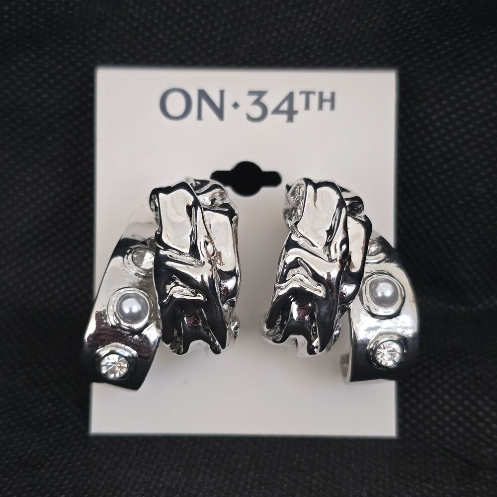 ON 34th Silver Hoop Earrings Set Thick Chunky Molten Classic Polished Minimalist